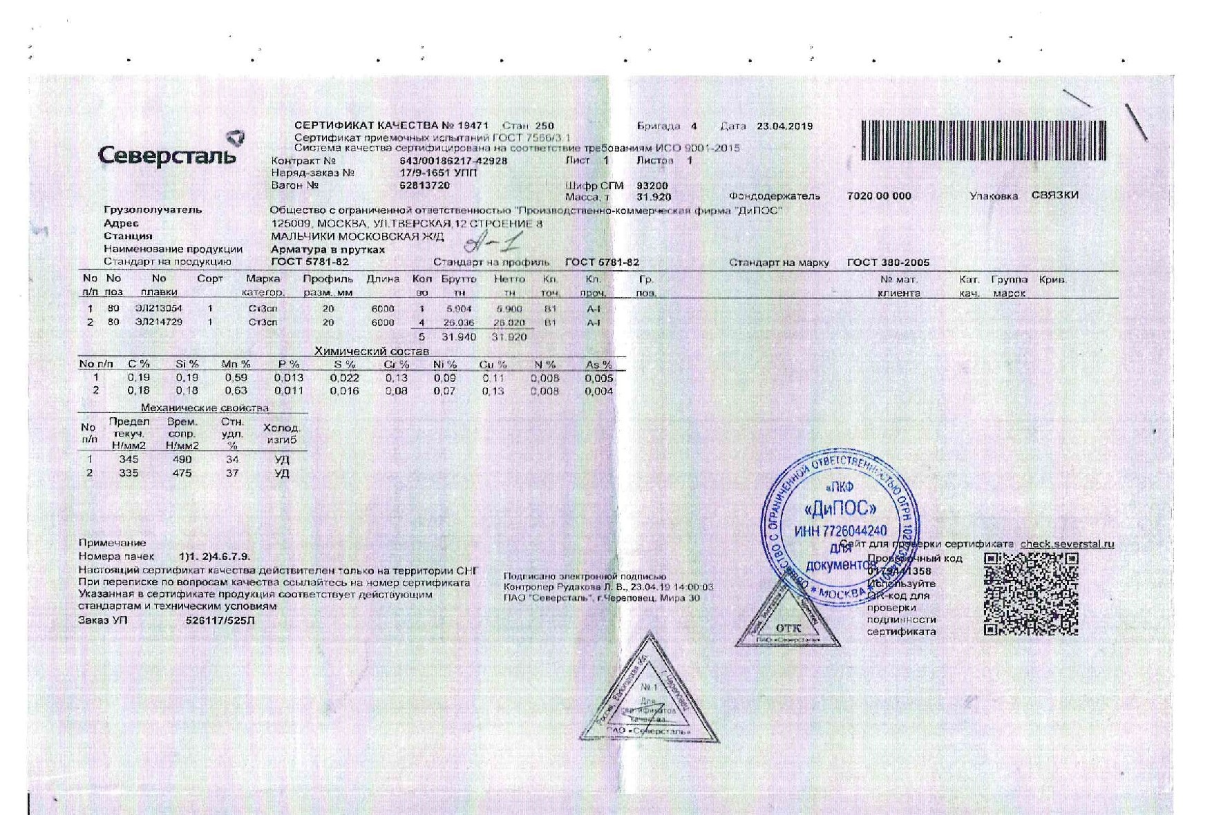 Сертификат на арматуру 20 класса А1 ст3сп от 2019-04